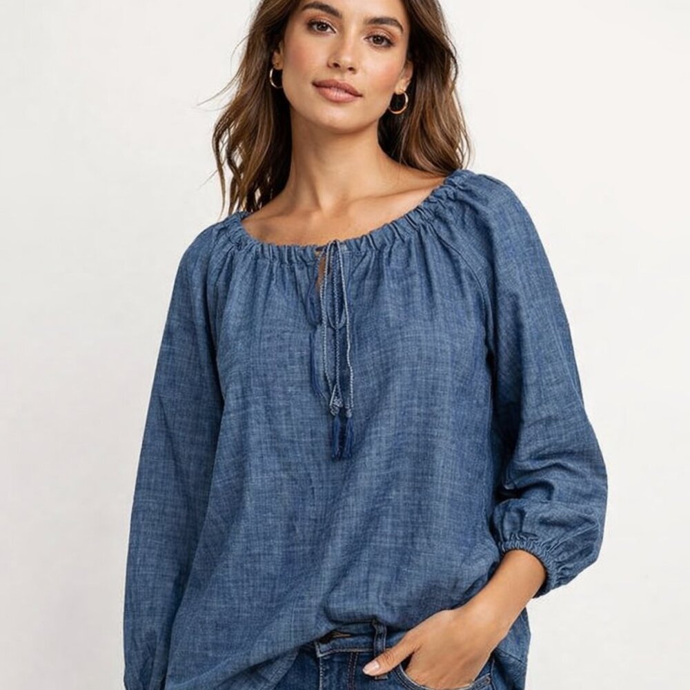 Martha Stewart Women's Peasant Style Pullover Denim Blouse SZ M NEW